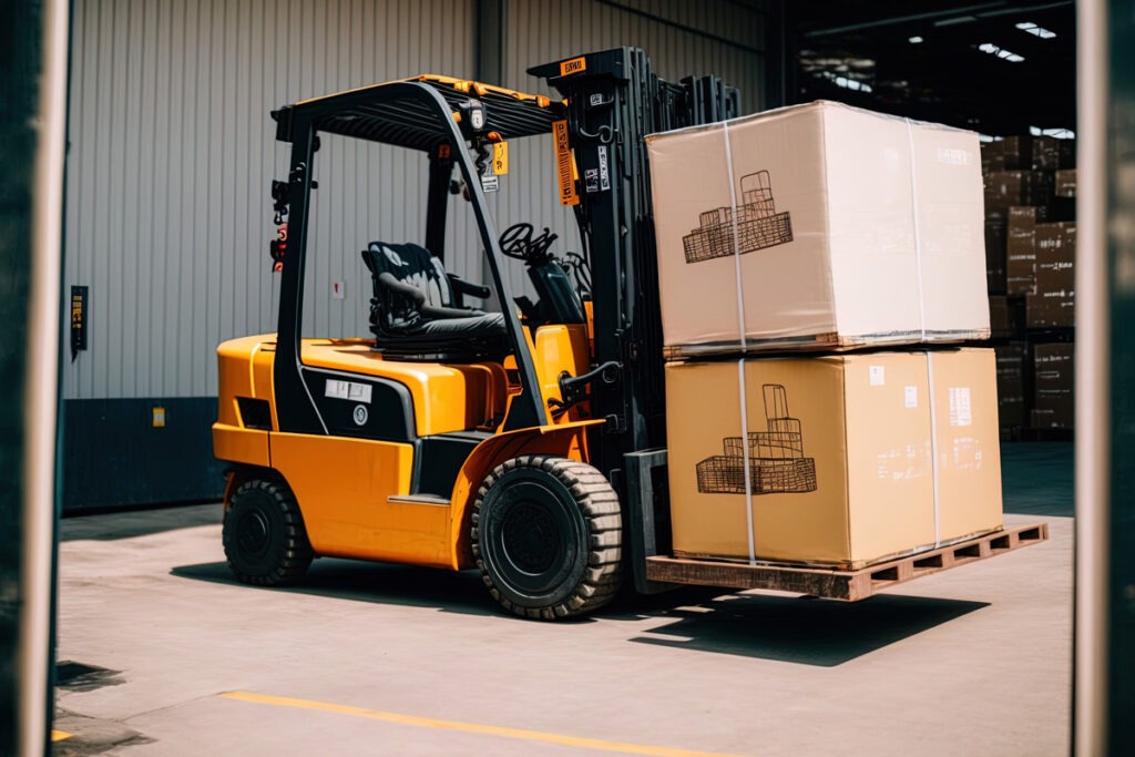 A used orange forklift carrying two large boxes in El Paso.